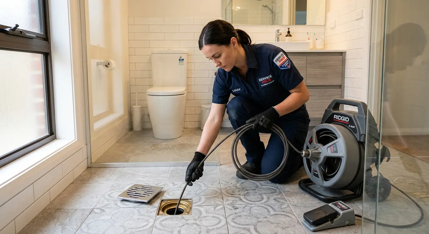 Technician clearing a bathroom floor drain for Sewer Line Replacement in Bel Air North